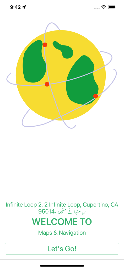 Welcome screen of the GPS Navigation app featuring a stylized globe graphic and a Let's Go button.