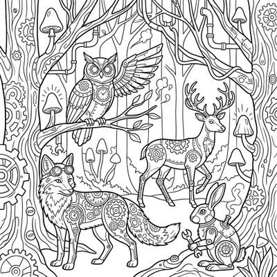 Unleash your creativity with this enchanting Steampunk Forest Animals coloring page. Discover a unique blend of nature and machinery, featuring intricate designs of owls, foxes, deer, and rabbits in a fantastical woodland setting.