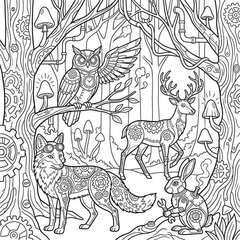 Unleash your creativity with this enchanting Steampunk Forest Animals coloring page. Discover a unique blend of nature and machinery, featuring intricate designs of owls, foxes, deer, and rabbits in a fantastical woodland setting.