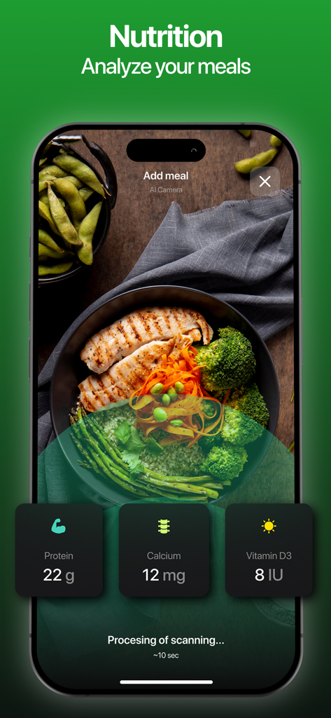 GoTall app interface showing AI meal scanning for protein and calcium tracking