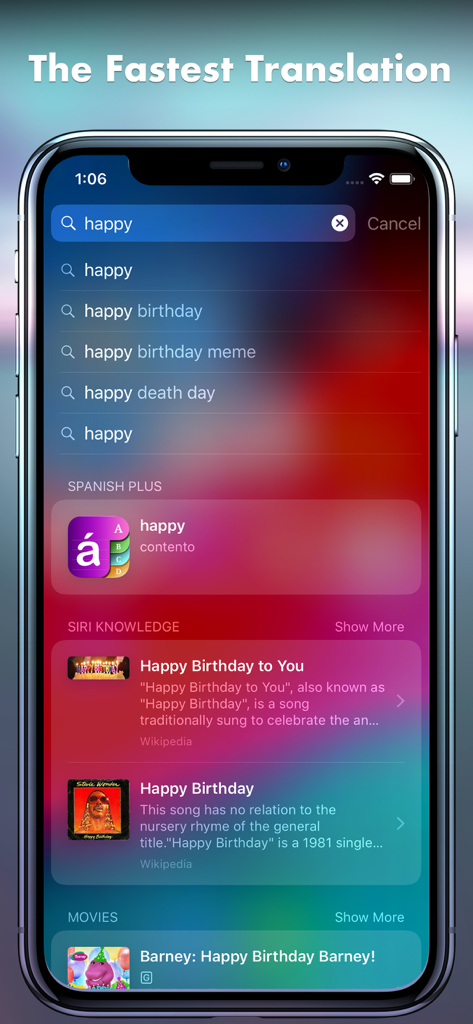 Spanish Plus Dict & Translator - Smartphone screen showing a quick Spanish translation of the word happy with integrated search results