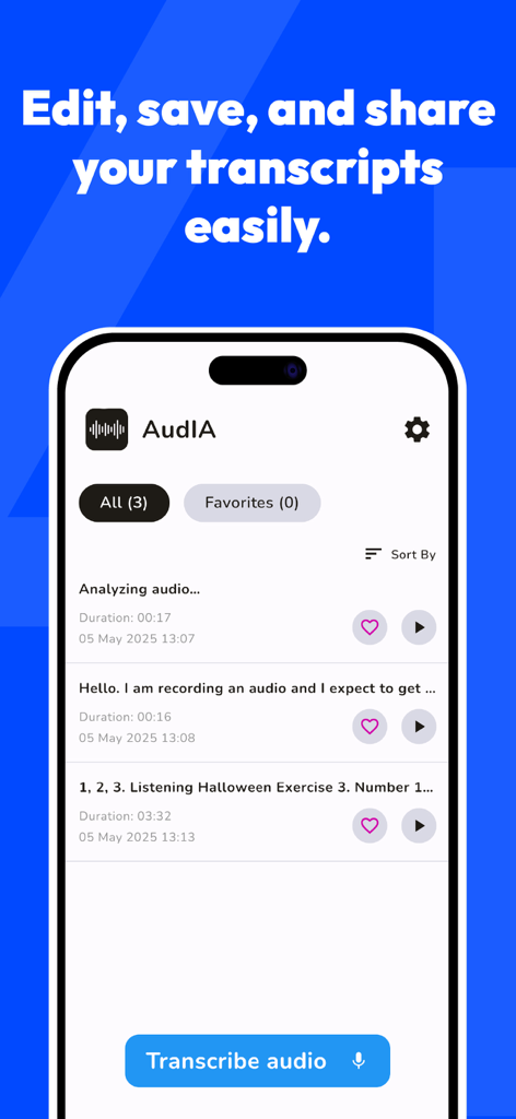 Voice Note Taker AI Simple - A list of transcribed voice notes and audio recordings in the Voice Note Taker AI mobile app