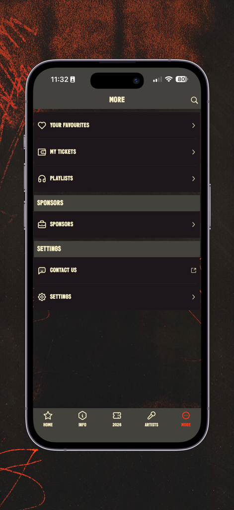 Reading Festival - Reading Festival app more menu screen showing user favorites tickets and settings options