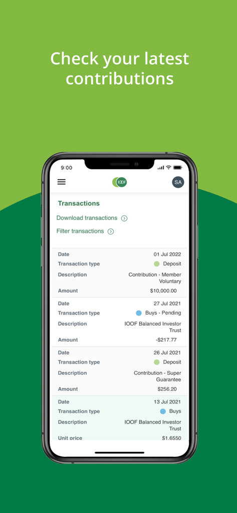 IOOF app interface showing a list of recent financial contributions and transaction history