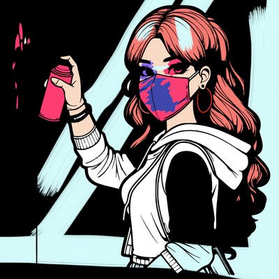 realistic girl with mask spray painting a wall