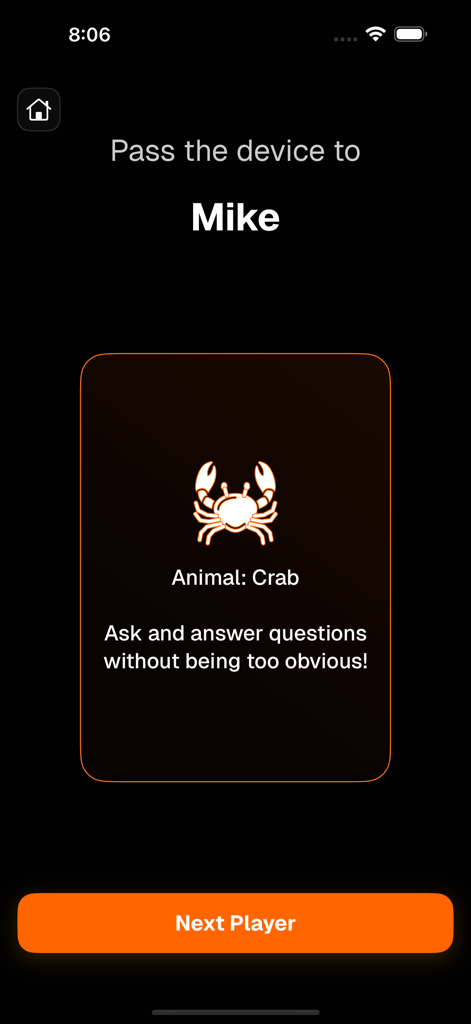 WHO'S THE SPY - منو الجاسوس - A screen from the Whos the Spy app showing a secret word card with a crab icon and instructions for the player Mike