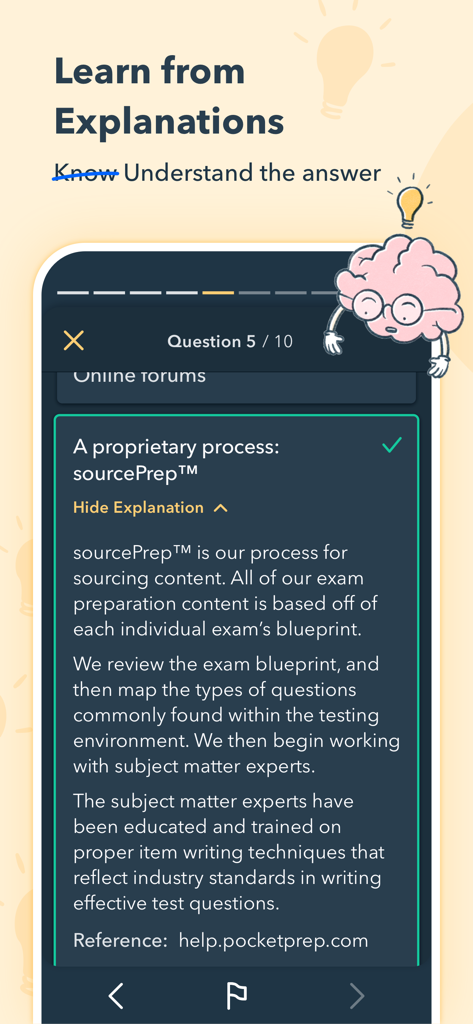 Detailed answer explanation screen in the Pocket Prep Fitness exam preparation app featuring a brain character illustration.