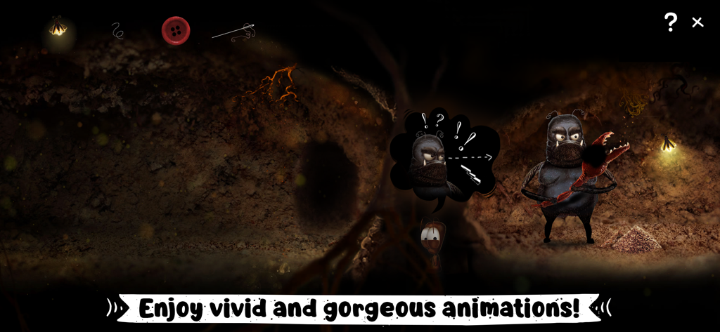 Gameplay screenshot of AntVentor Lite featuring an ant and a beetle with a thought bubble in a dark macroworld environment