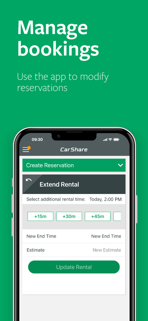 Interface of the Enterprise CarShare app showing the option to extend a vehicle rental reservation.
