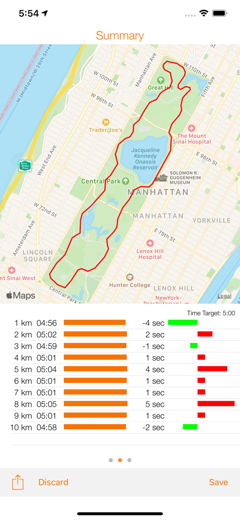 GPS-Laufzusammenfassung mit einer Karte der Route im Central Park und Kilometer-Split-Statistiken