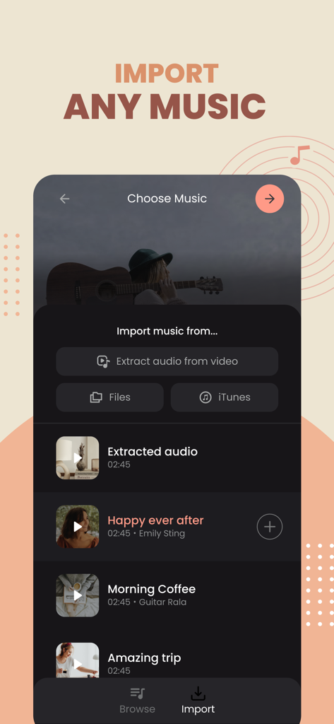 OnBeat: Reels Maker Editor - Interface of OnBeat app showing options to import music from files iTunes or by extracting audio from video for reels editing
