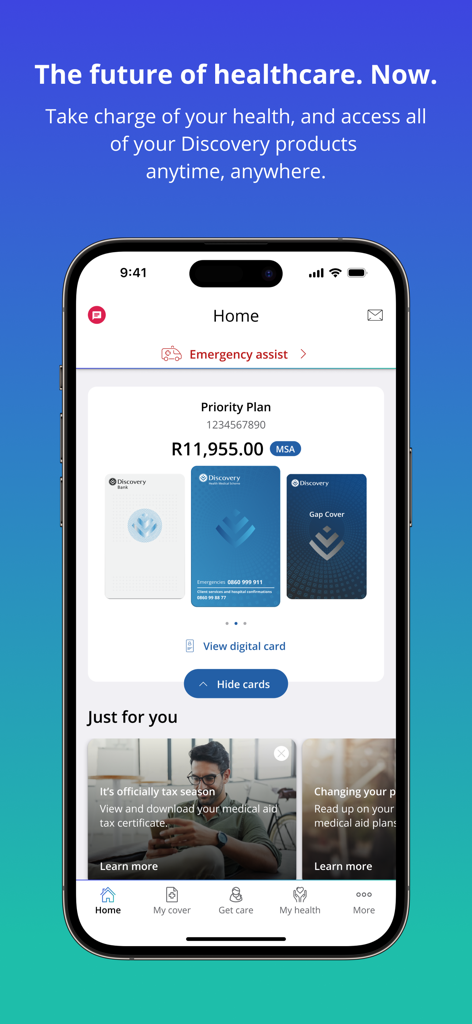 Tela inicial do aplicativo Discovery Health mostrando detalhes do plano de assistência médica e cartões de seguro digitais