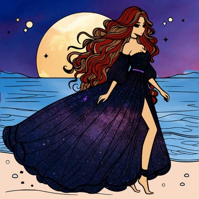 beautiful woman with a vaporous long dress walking on the beach at the noon, detailed art