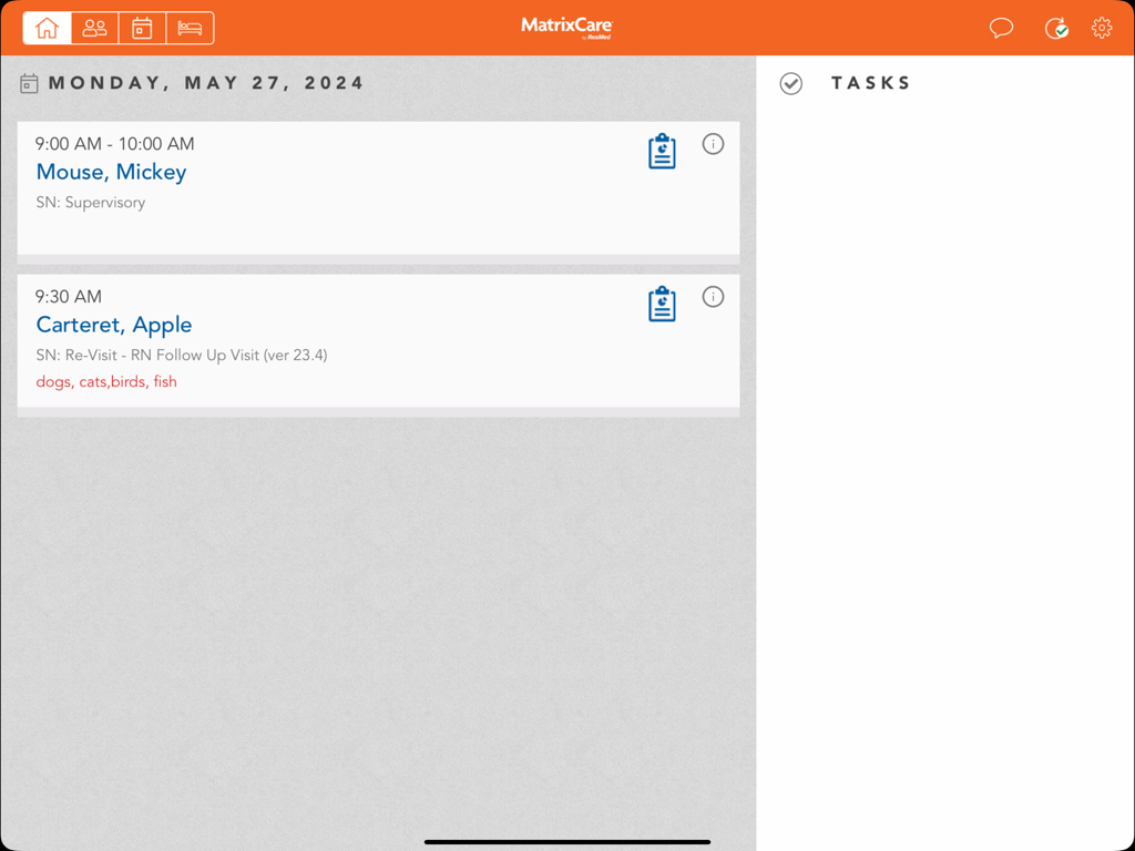 MatrixCare Clinical app interface showing a daily schedule of patient visits on an iPad