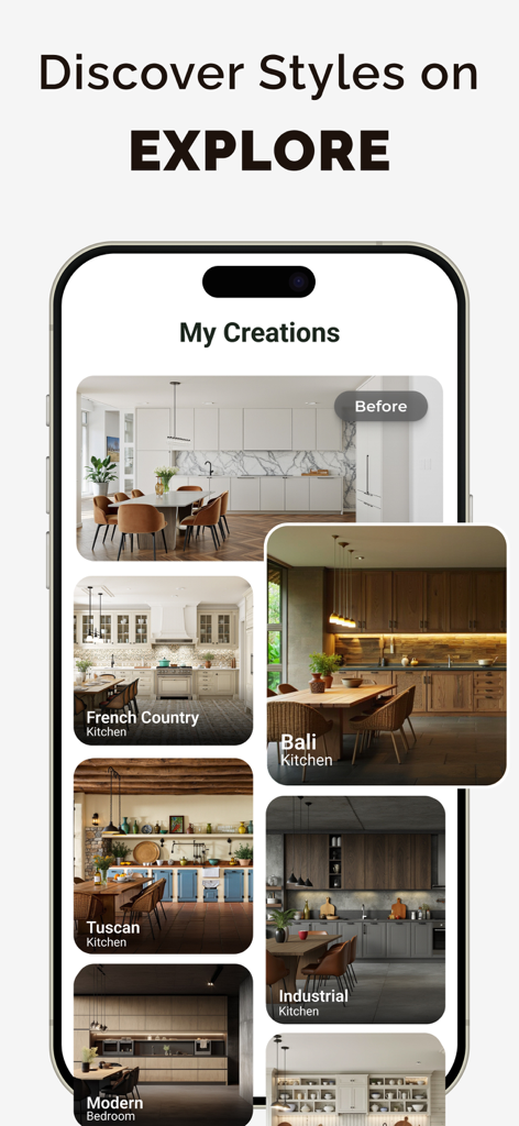 Deco: AI Remodel & Home Design - A gallery of kitchen design styles including French Country Bali and Tuscan generated by the Deco AI home design app