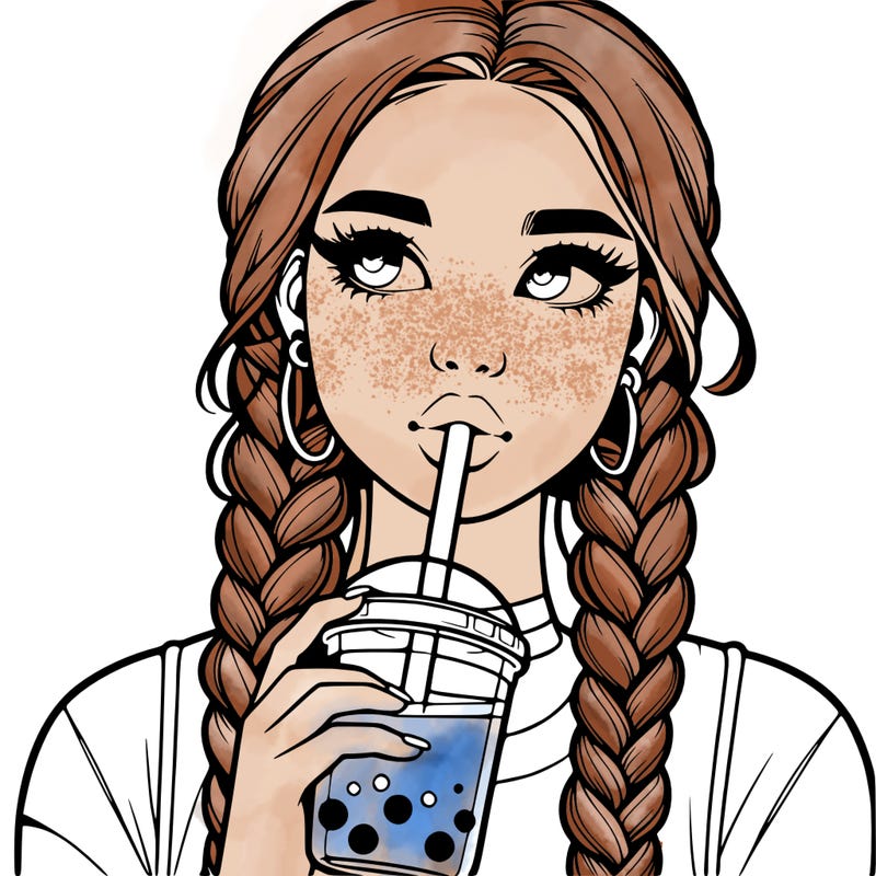 realistic girl with braided hair drinking boba