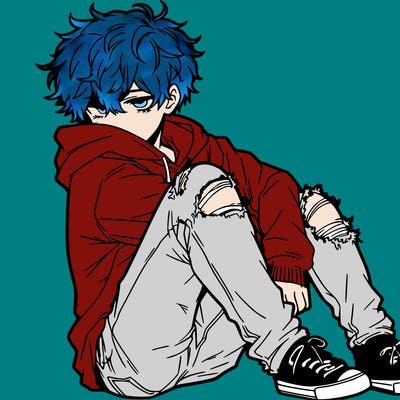 a male hoddie ripped jeans messy hair anime