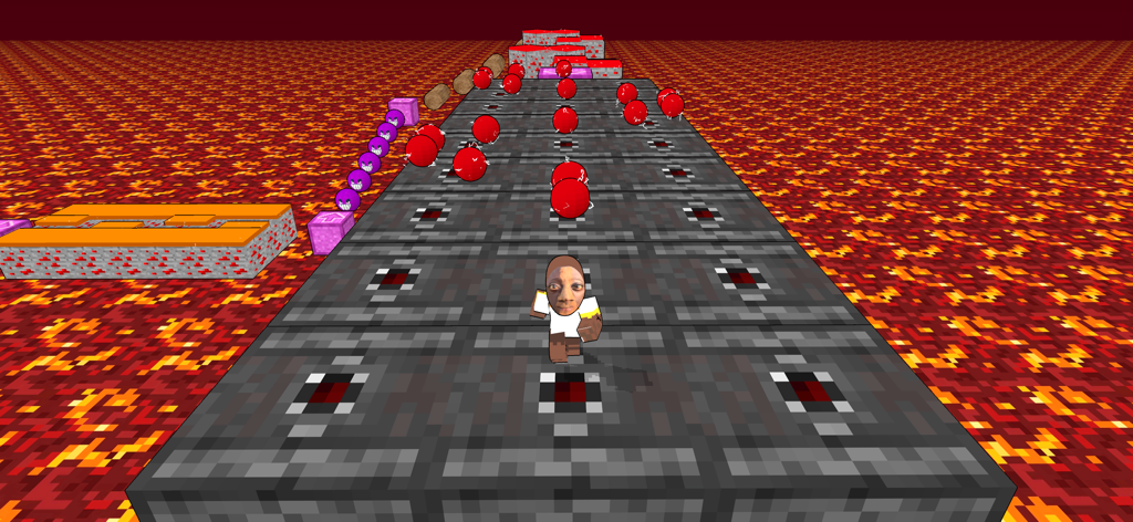 Tenge Jump Up: Heaven or Hell - Tenge Tenge character navigating a blocky obstacle course over a lava field in the hell level