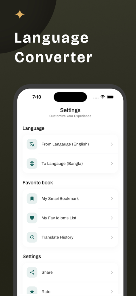 English to Bangla Translator - Settings screen of the English to Bangla Translator app showing language preferences and favorites