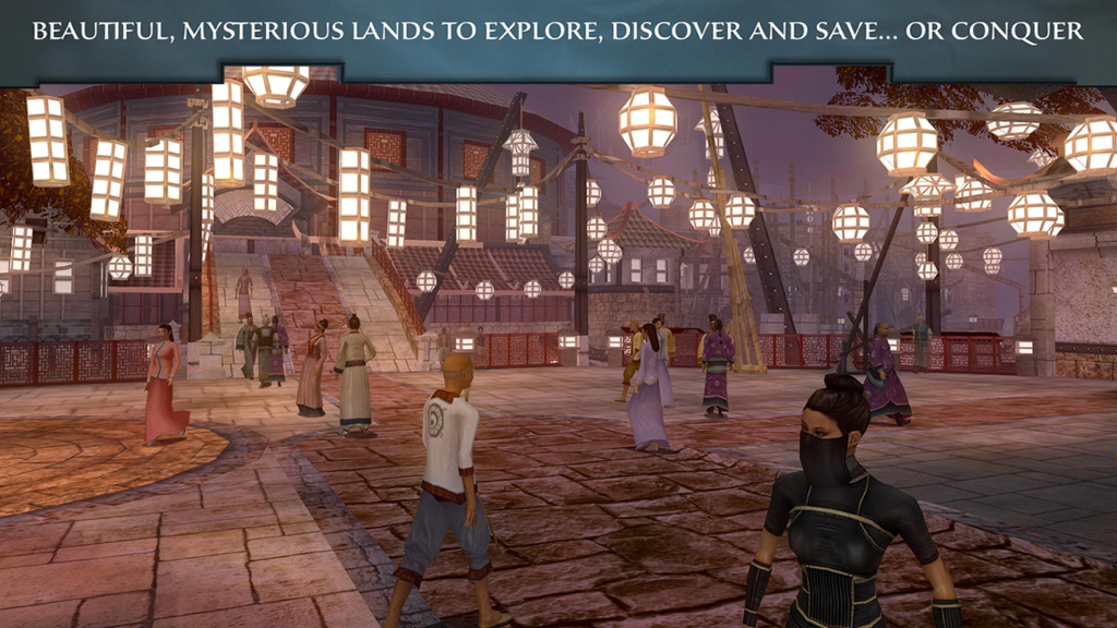 Bustling town square in Jade Empire with paper lanterns and characters in ancient Chinese attire
