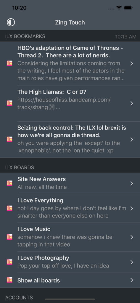 Zing Touch mobile app interface displaying ILX forum bookmarks and boards for music and culture discussions
