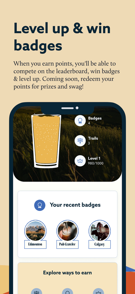 Alberta Ale Trail app interface showing user progress level, earned badges like Edmonton and Pub Crawler, and reward system details.