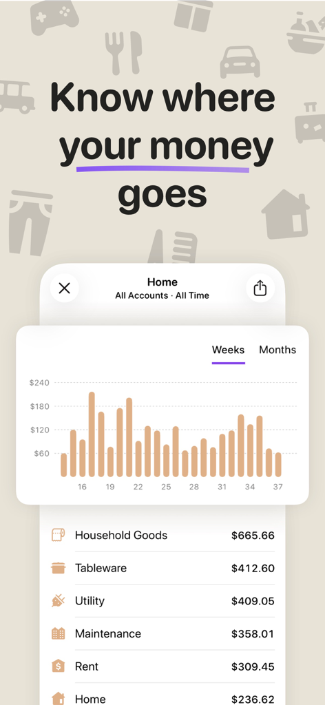 Spending Tracker - Money Flow - Money Flow app dashboard showing a bar chart of weekly expenses and a list of spending categories