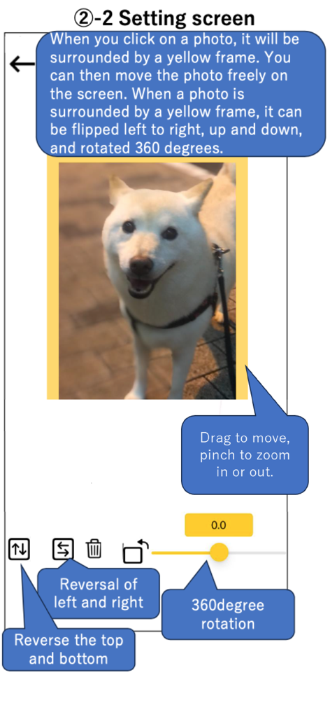 TracingMat app setting screen showing tools to flip rotate and zoom a photo for tracing