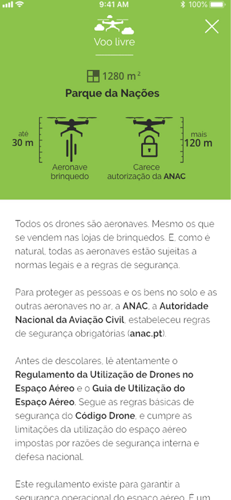 Captura de pantalla de la aplicación Voa na Boa que muestra las reglas de vuelo de drones y los límites de altitud en Portugal.