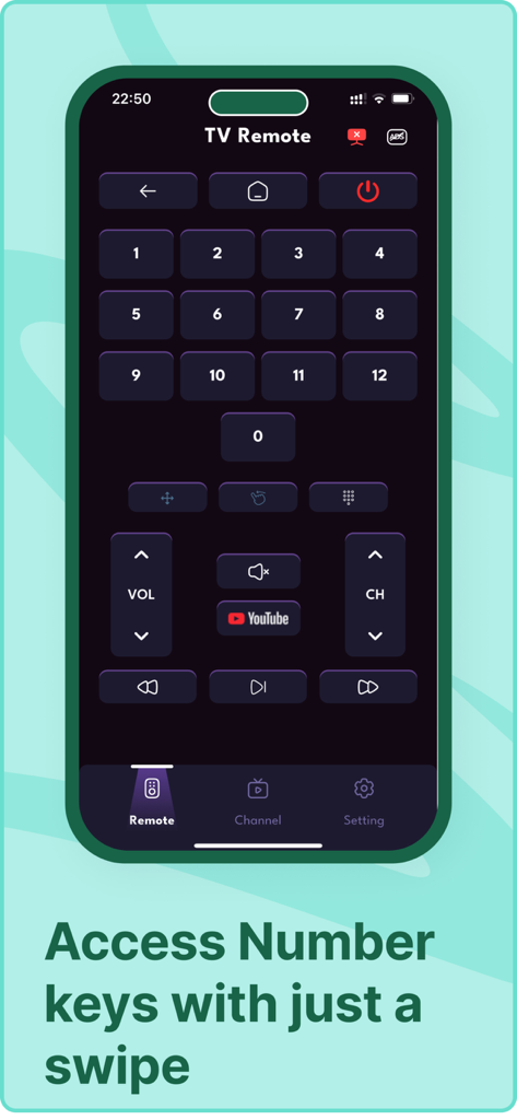 Remote Control Universal TV - Interfaz de una app de control remoto universal de TV que muestra un teclado numérico y controles de volumen en un smartphone
