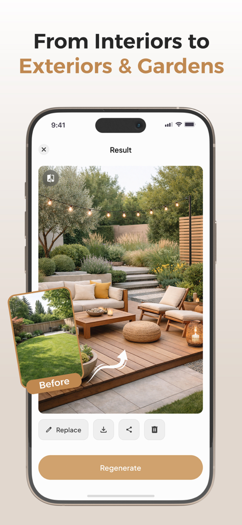HomeSnap - AI Home Design - Interfaz de la aplicación HomeSnap mostrando una transformación de jardín antes y después con una terraza moderna y muebles de exterior generados por IA.