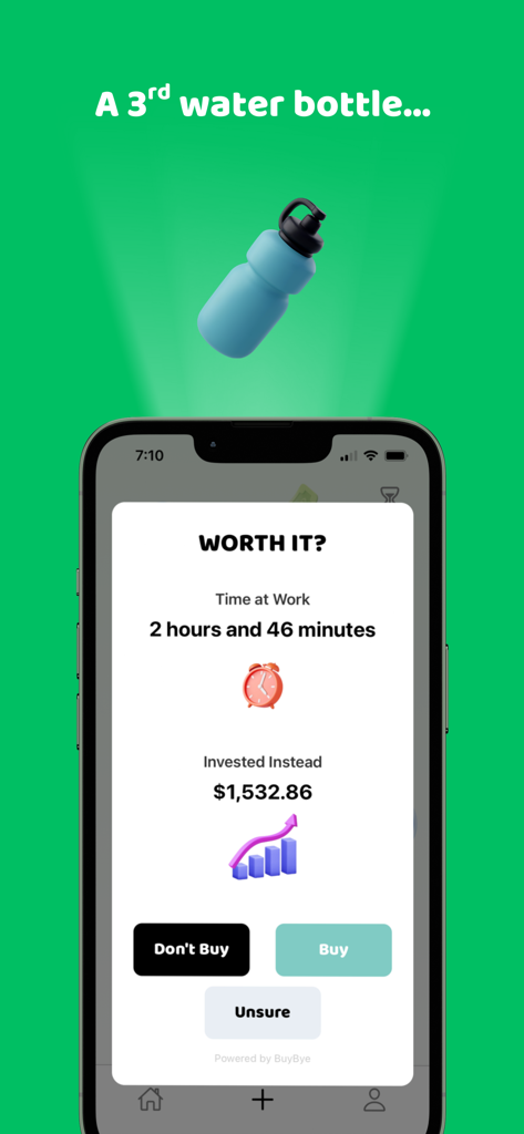 BuyBye - Save Money - Interfaz de la aplicación BuyBye que muestra un análisis de compra que incluye el costo en tiempo de trabajo y el crecimiento potencial de la inversión de una botella de agua