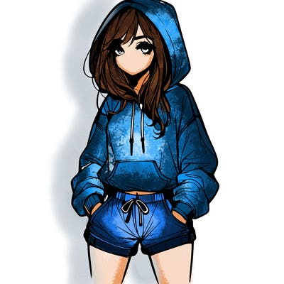 realistic girl in shorts and hoodie