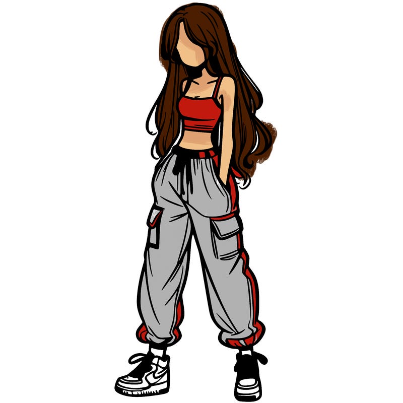 girl in baggy pants crop top and long hair