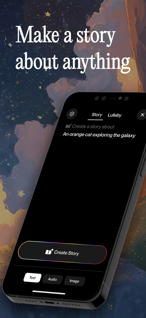 Interface do aplicativo Sleepytale mostrando um recurso para criar uma história personalizada para dormir sobre um gato laranja explorando a galáxia.