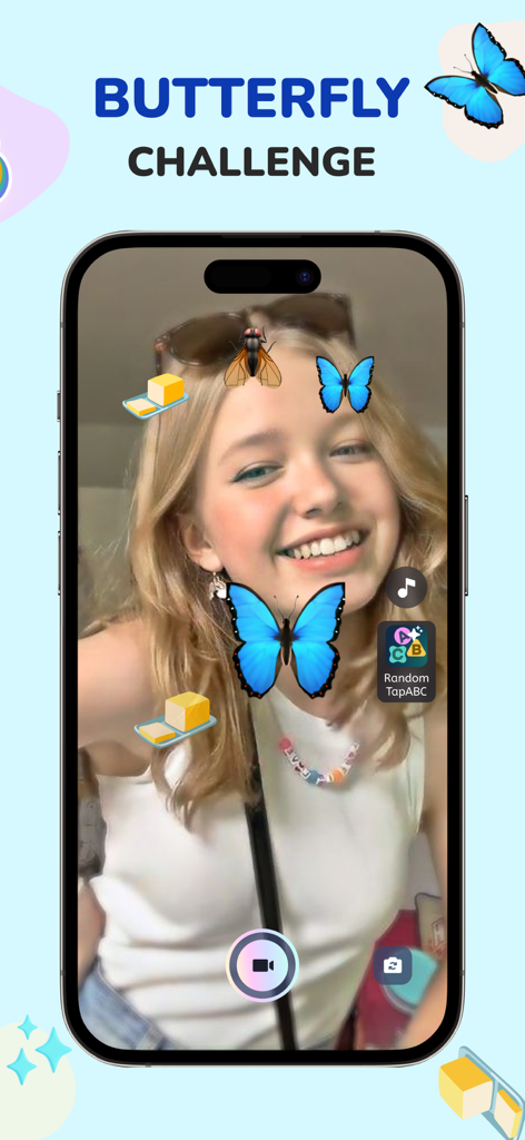 A girl using the butterfly challenge filter in the Tap Tap Filter Challenge mobile app