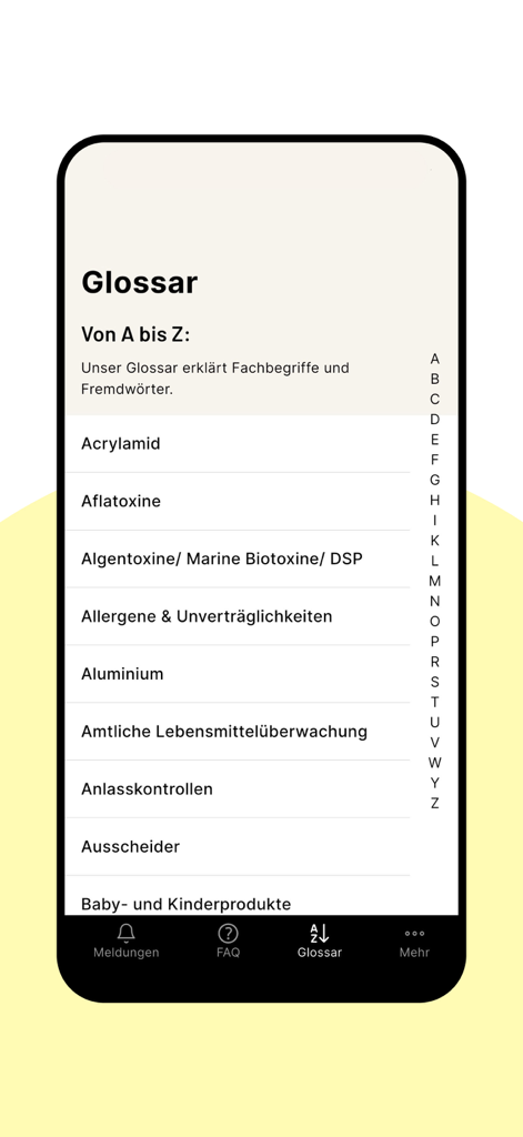 lebensmittelwarnung.de - Glossary screen of the lebensmittelwarnung.de app featuring an alphabetical list of food safety and health-related technical terms