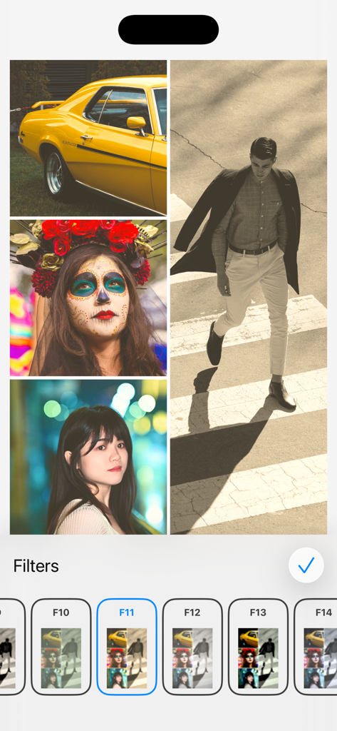 Sehory - Photo Collage Layout - Un collage de cuatro fotos que incluye un coche vintage y retratos con una fila de opciones de filtros en la parte inferior de la pantalla de la aplicación Sehory.