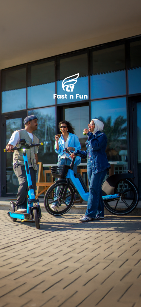 Three young adults socializing in an urban setting with a blue electric scooter and bicycle