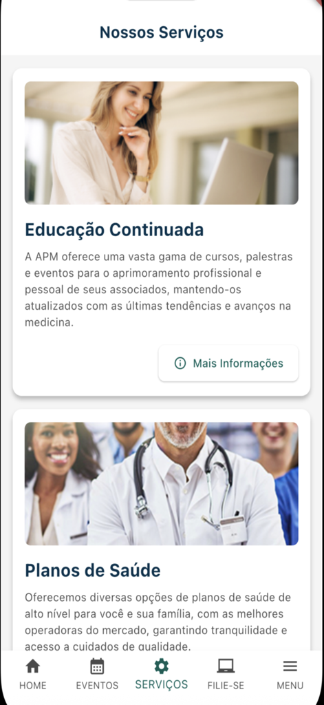 App APM - App APMのサービスページ。継続教育と健康保険のセクションが表示されています。
