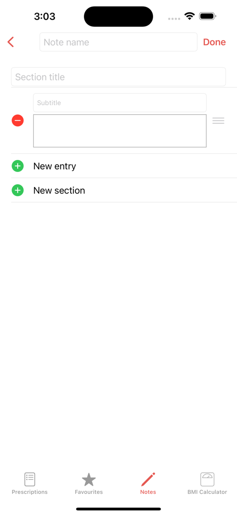 Interface for creating and managing clinical notes within the Dental Prescriber mobile app.