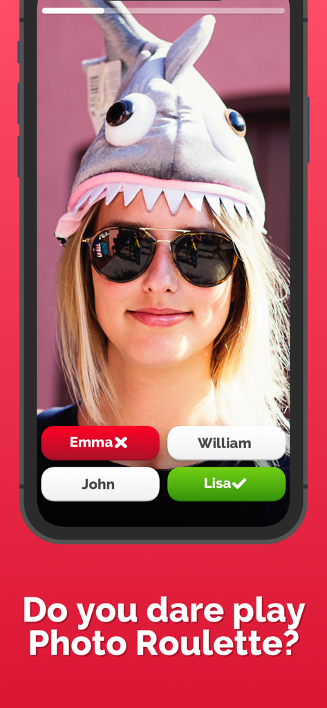 A gameplay screenshot of Photo Roulette showing a guessing round with a photo of a woman in a shark hat and multiple choice names.
