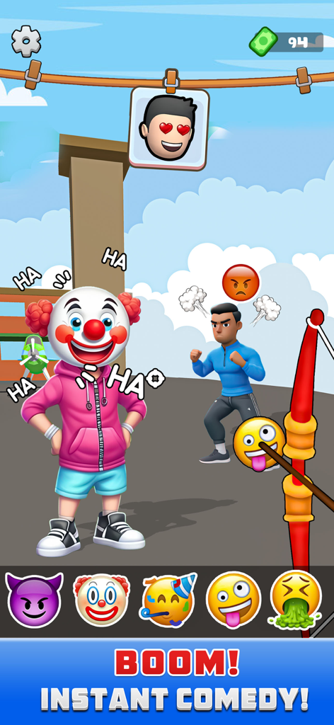 Emoji Arrow Shoot Sim Game 3D - A screenshot of the Emoji Arrow Shoot Sim Game 3D showing a laughing clown character and emoji-tipped arrows for pranks.