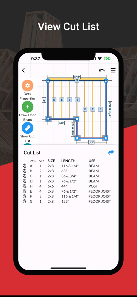 RedX Decks - 3D Deck Builder - RedX Decksアプリのスクリーンショット。寸法が表示された2Dデッキプランと、梁とジョイストの詳細な材料カットリストが表示されています。