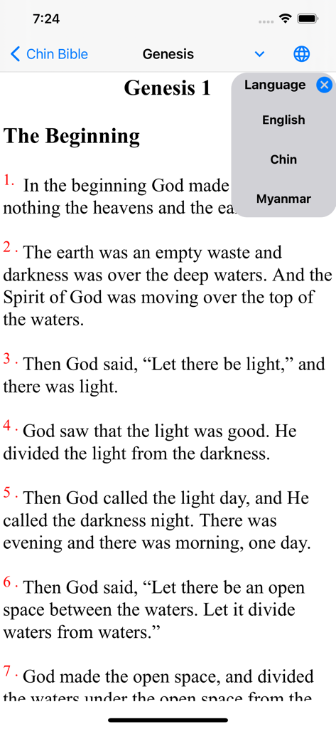 Chin Bible app interface showing Genesis 1 with language selection menu for English Chin and Myanmar