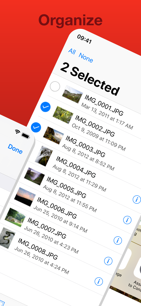 USB Disk Pro for iPhone - USB Disk Proファイル管理インターフェース。選択チェックマーク付きで整理された写真のリストを表示。