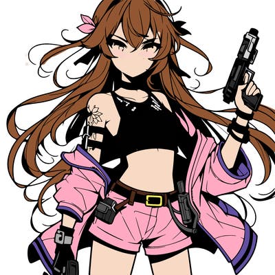 bad girl wearing crop top holding a gun long hair anime