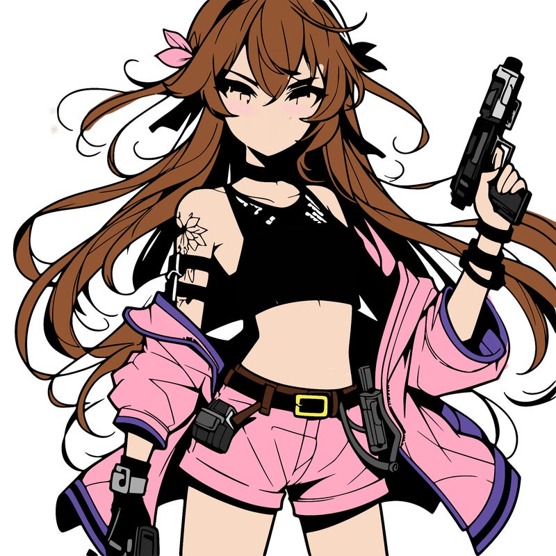 bad girl wearing crop top holding a gun long hair anime