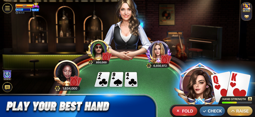 Poker Live: Texas Holdem Games - 딜러와 액션 버튼이 있는 텍사스 홀덤 테이블의 플레이어를 보여주는 포커 라이브의 게임 화면.