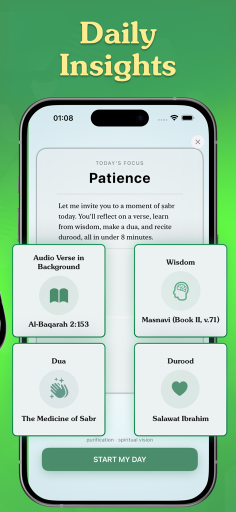 Iman Path app interface displaying daily insights with a focus on patience